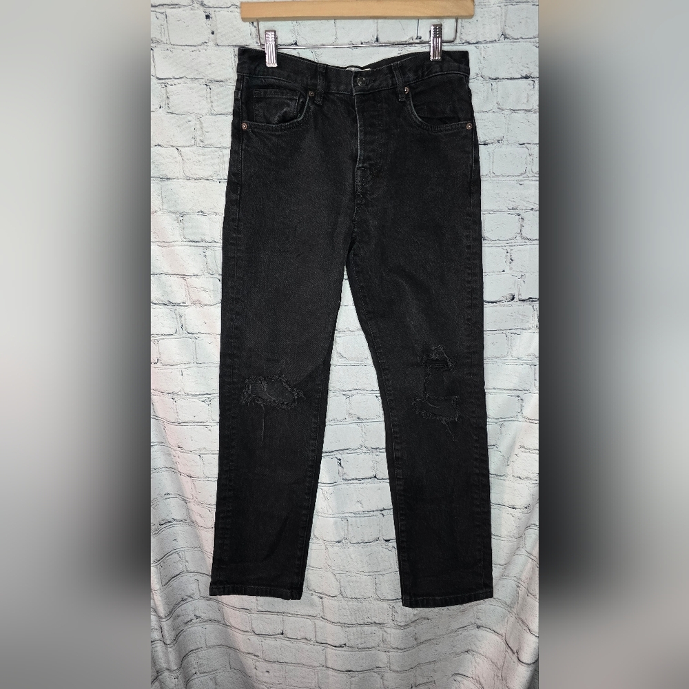 Free People We the Free Button Fly Black Distressed Denim Jeans Size 25